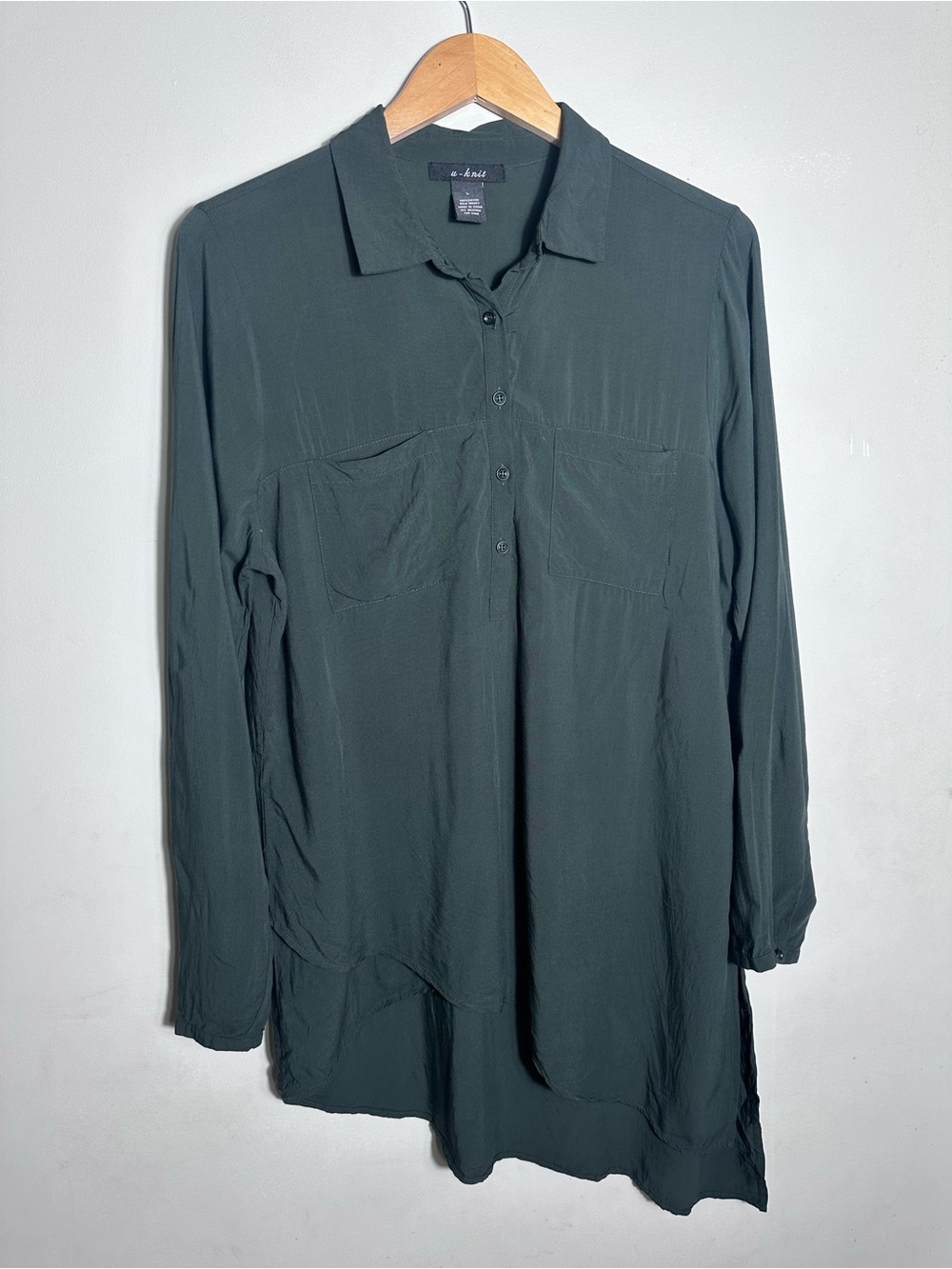 Forest Green Long-Sleeve Asymmetrical Blouse Shirt